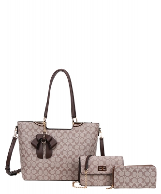 3in1 Oval Monogram Flower Tassel Handbag Wallet Set FT-8093S COFFEE